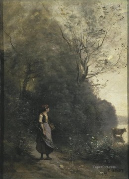  Baptiste Oil Painting - Jean Baptiste Camille Corot l Peasant Girl Grazing a Cow in the Forest